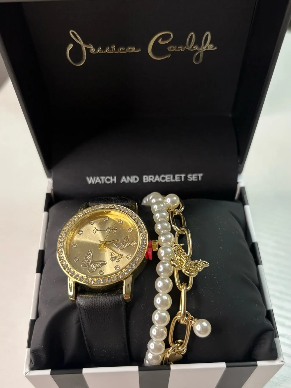 Gold Butterfly Watch & Pearl Bracelet Set - Black Strap